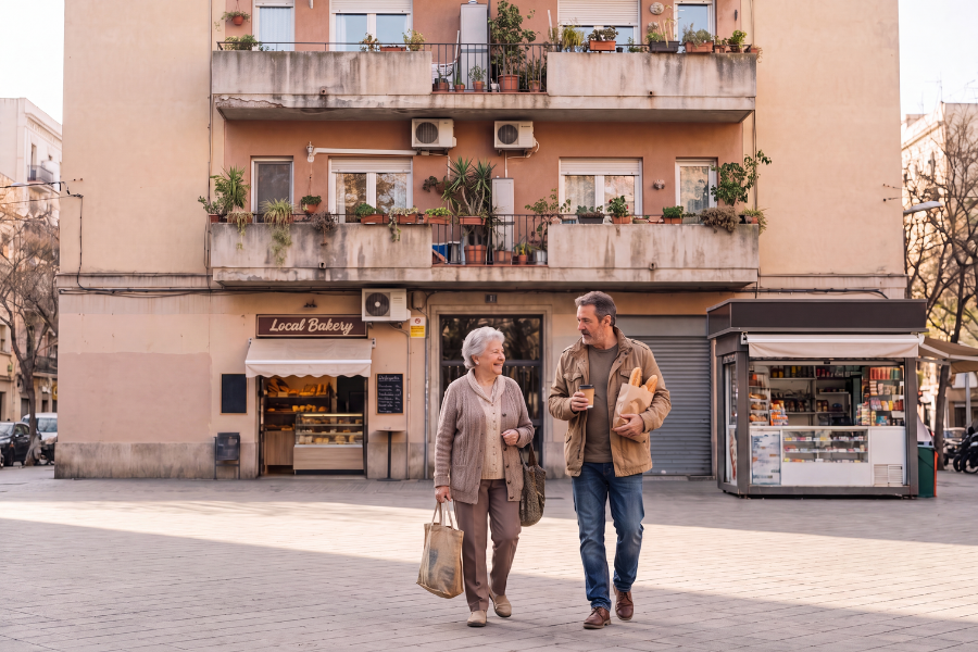 Older travelers walking through a neighborhood shopping area near a local bakery