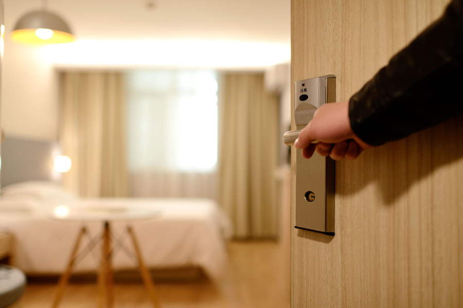 boutique hotel room with warm lighting 